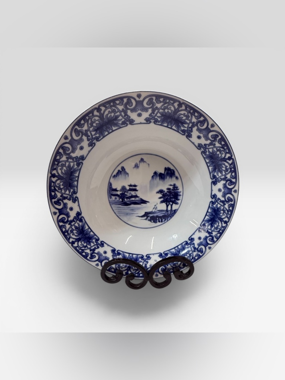 Canton Blue Serving Bowl 9” Pagoda Mountain View Blue & White China